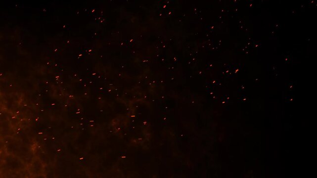 Realistic fire spark particle smoke, glowing orange embers, glowing fire embers floating in dark background, flying around fire dust particles sparks. 4k video