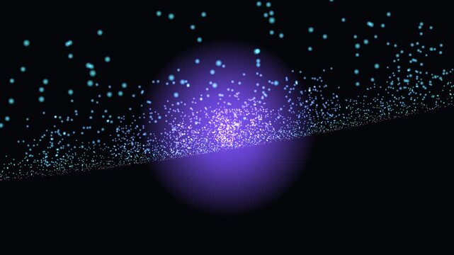 Abstract cosmic galaxy animation featuring purple glowing core and floating turquoise star particles rotating slowly against deep black background space concept.