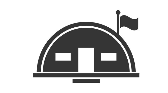 Military quonset hut building icon featuring arched roof design and waving flag in flat black style