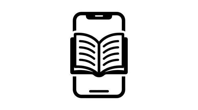 Digital ebook reader icon displayed on a mobile phone screen with thick black line art style