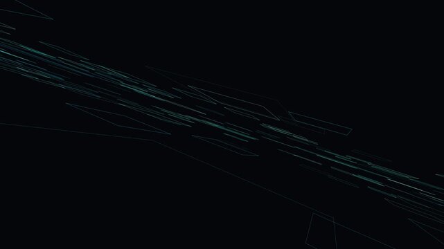 Abstract geometric digital motion background featuring interconnected glowing cyan wireframe shapes moving rapidly through dark virtual space for high tech projects.