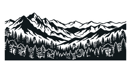 Fototapeta premium Black and White Mountain Range with Pine Forest Silhouette Vector Illustration