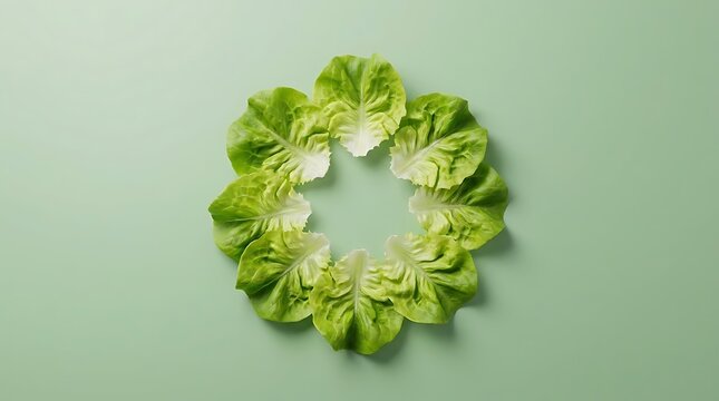 Buttercrunch lettuce leaves arranged in a circular flower pattern on a soft green background capturing the fresh texture of organic salad greens culinary art