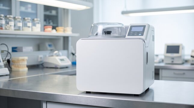 Dental thermoforming machine for plastic aligners in a modern professional dental laboratory.