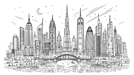 Naklejka premium Hand drawn city skyline with famous world landmarks and bridge at night sketch illustration