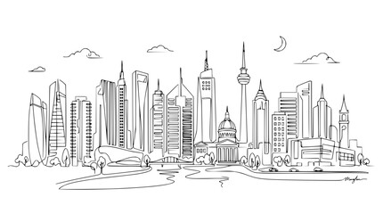 Naklejka premium Hand drawn city skyline sketch with tv tower and cathedral at night