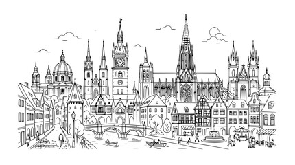 Obraz premium European Cityscape Sketch with Castle Church and River