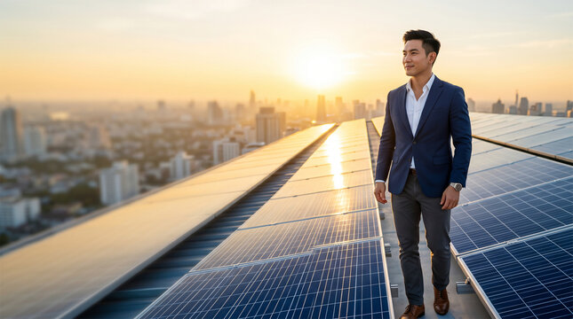 Asian executive by rooftop solar panels with city sunset