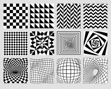 Geometric op art pattern set, black and white optical illusion textures, collection of 12 abstract psychedelic backgrounds for graphic design