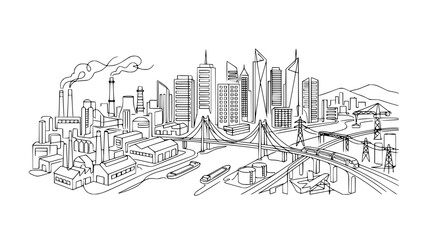 Naklejka premium Hand drawn city skyline sketch with skyscrapers, bridge, and trains