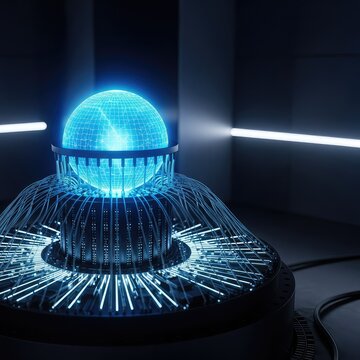 A futuristic quantum computer core radiates a brilliant blue light inside a sleek, dark high-tech facility filled with complex circuitry, architecture, machinery, neon