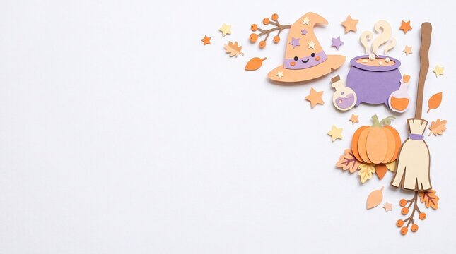 Cute Halloween Witch Corner with Broom and Cauldron Paper Cut Illustration on White Background