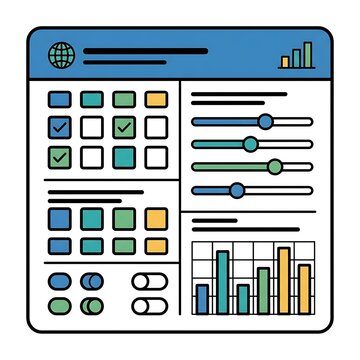 Digital dashboard interface with data visualization charts and user settings controls