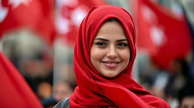 Young woman wearing a red hijab looking at the camera with the Turkish flag waving in the background, portrait representing Turkey, national identity and cultural pride