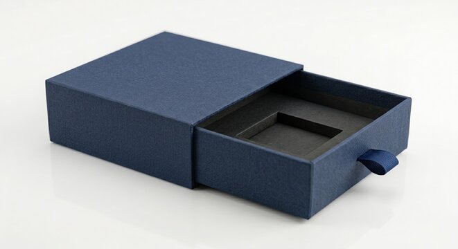 Luxury navy blue drawer gift box with ribbon pull and custom foam insert isolated on a light background. Premium packaging mockup with elegant minimalist design and copy space.