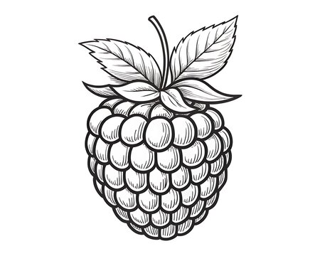 Black and white illustration of a raspberry with leaves