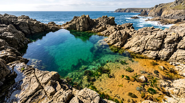 Beautiful natural rock pool filled with clear turquoise water on the rocky Cornish coastline in England