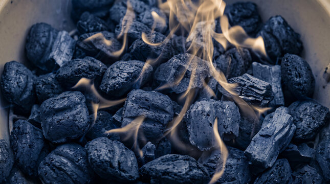 Closeup view of glowing hot charcoal briquettes burning inside a metal barbecue grill for outdoor cooking