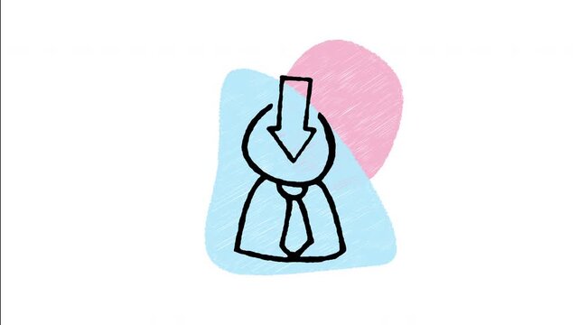 An animated hand drawn arrow pointing down directly into a person head silhouette. Ideal for learning, instruction download, skill intake, and mental focus. 