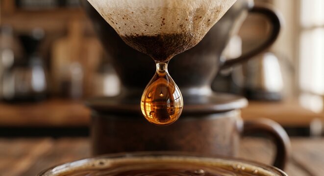 Golden drop of freshly brewed pour-over coffee falling from a paper filter into a cup. Warm specialty coffee brewing close-up with rich reflections and shallow depth of field.