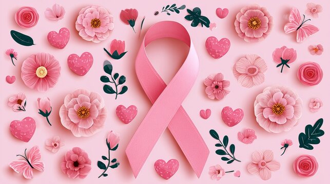 Pink ribbon surrounded by paper roses, hearts, and foliage, symbolizing awareness and hope for women's health and a supportive community