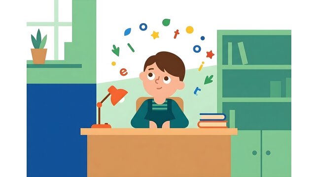 Little Boy Thinking and Learning at a Desk with Creative Ideas