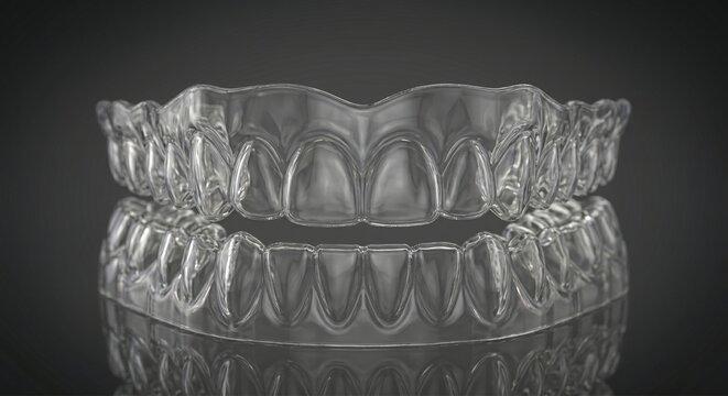 Transparent orthodontic aligners displayed on a reflective dark background. Modern invisible braces solution for teeth straightening, cosmetic dentistry and orthodontic treatment.
