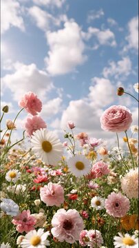 Beautiful colorful wildflower field blooming in warm sunlight with vibrant summer flowers gently moving in the breeze, peaceful natural meadow landscape