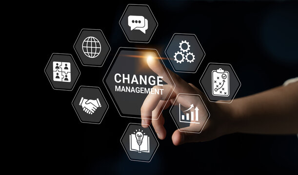 Hand Reaching Towards Icons Representing Change Management Concepts Such as Communication, Collaboration, Innovation, and Improvement Strategies. Glyphic.