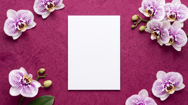 White blank paper frame mockup surrounded by delicate purple orchid flowers on a textured dark pink rustic craft paper background