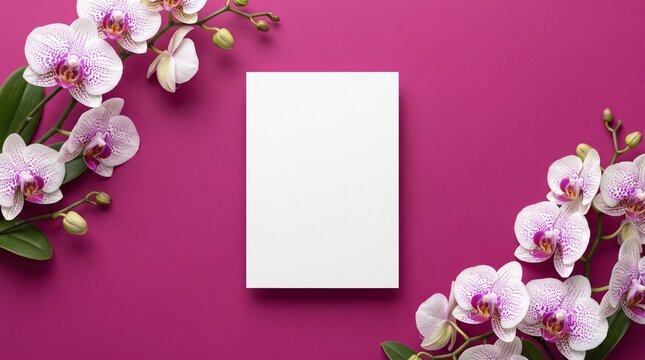 Blank white paper card mockup positioned on a vibrant magenta background surrounded by elegant white and purple orchid floral stems