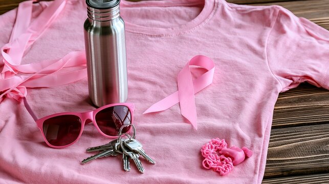 Pink shirt displays awareness ribbon, sunglasses, keys and water bottle, supporting women's health and breast cancer awareness campaigns for a charitable concept
