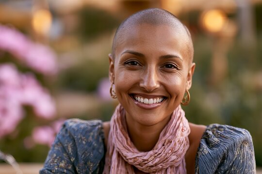 Smiling woman with shaved head, adorned with a pink scarf, gazes directly into the camera against a blurred floral backdrop, representing beauty and self-acceptance