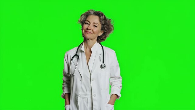 Smiling female doctor wearing a white medical coat and stethoscope standing on green screen background, confident healthcare professional with chroma key copy space