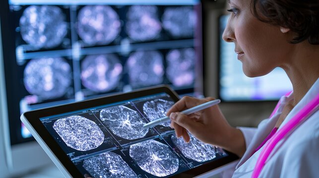 Focused female medical professional analyzes brain scans displayed on a digital tablet, highlighting diagnostics and advanced healthcare concept