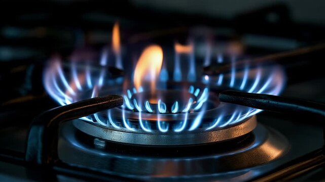 Close up of blue natural gas flames burning on a kitchen stove burner, powerful open fire illustrating cooking, household energy, heat and fuel consumption