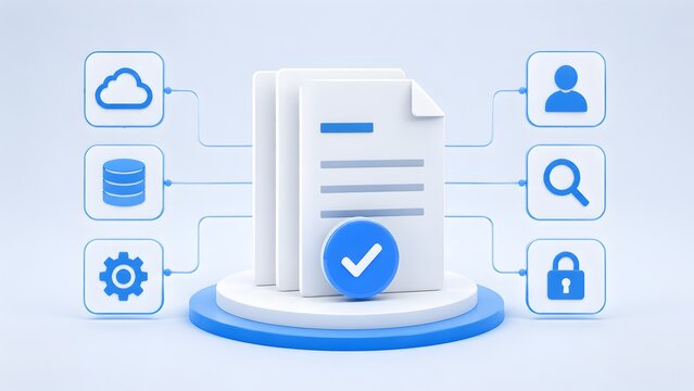 Minimalist 3D stack of documents with an approval checkmark on a pedestal connected to cloud and database icons for secure file management.