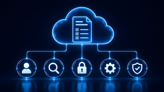 Glowing digital cloud icon connected to a file and security symbols representing centralized network storage and encrypted database compliance.