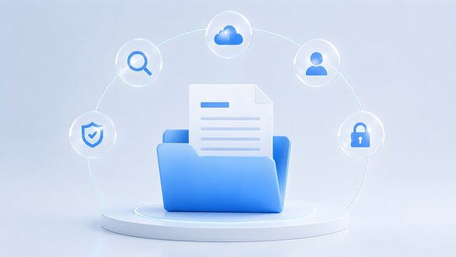 Minimalist 3D blue folder with a document on a pedestal surrounded by cloud and security icons representing secure online file management.