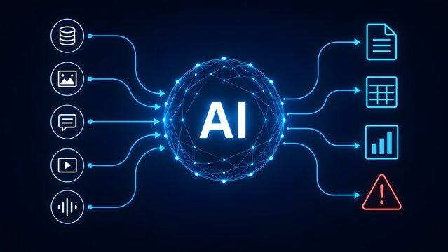 Futuristic AI network sphere processing multimodal data inputs into organized documents analytics and system warning alerts.