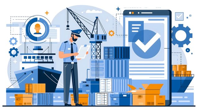 flat vector illustration of customs clearance and international shipping process, freight containers at a modern seaport, cargo ship, customs officer reviewing logistics documents, digital customs