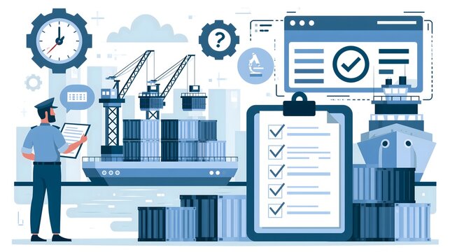 flat vector illustration of customs clearance and international shipping process, freight containers at a modern seaport, cargo ship, customs officer reviewing logistics documents, digital customs