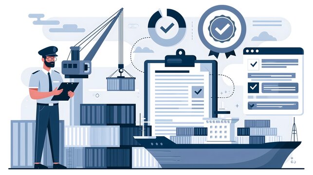 flat vector illustration of customs clearance and international shipping process, freight containers at a modern seaport, cargo ship, customs officer reviewing logistics documents, digital customs