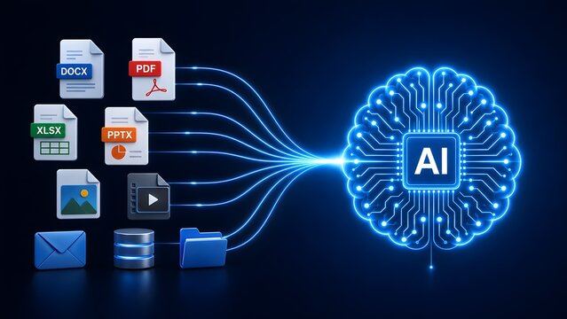 Futuristic glowing AI brain microchip processing various digital file formats and data inputs for automated machine learning analysis.