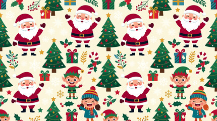 Fototapeta premium Playful Christmas seamless pattern featuring Santa Claus, elves, decorated trees, gift boxes and happy children on cream background, holiday vector design