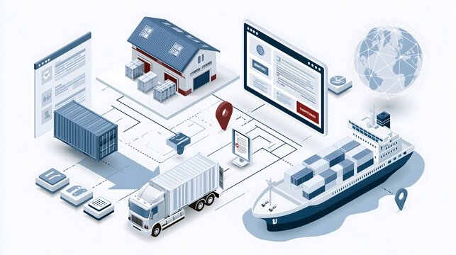 flat vector illustration of container shipping tracking process, freight container moving from warehouse to cargo truck and international ship, digital location tracking interface, customs document