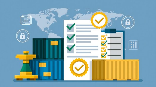 flat vector illustration of customs compliance and international trade, freight containers beside regulatory documents, approval stamp concept, checklist, digital security symbols and global trade