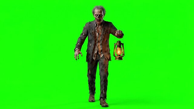 Scary zombie walking with lantern on a green screen background,chroma key