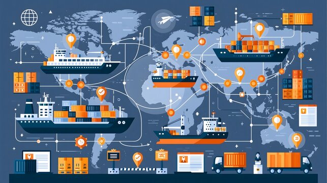 flat vector illustration of global import and export business, world map connected with shipping routes, cargo ships, freight containers, customs checkpoints, logistics documents and delivery trucks,
