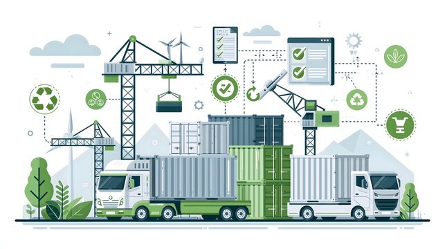 flat vector illustration of sustainable international shipping and customs process, freight containers, electric cargo trucks, modern port cranes, digital logistics documents and green trade symbols,